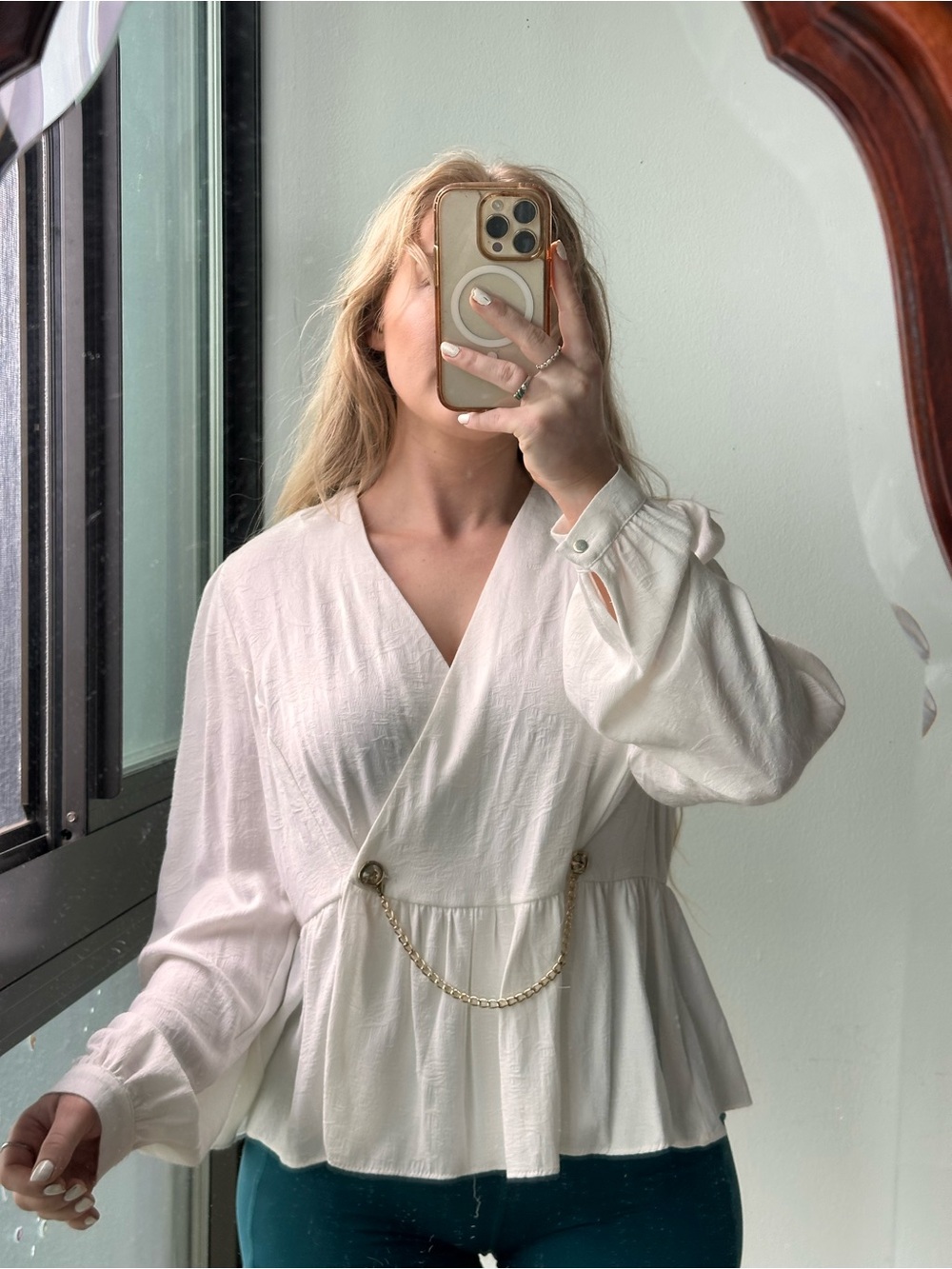 Cream Wrap Peplum Blouse with Gold Chain Detail